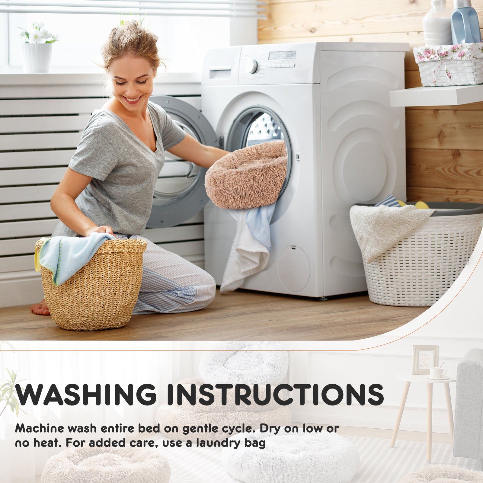 24 Inch Anti-Slip Round Fluffy Plush Faux Fur Cat Bed, Fits Up To 25 Lbs Pets