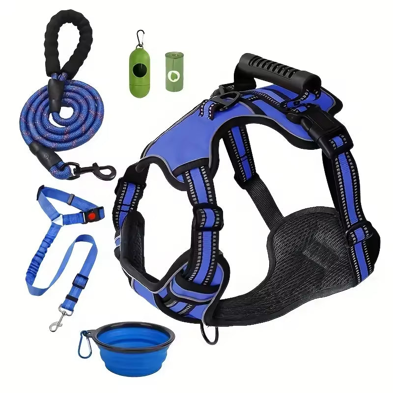 Tactical Service Dog Harness Strap Set, Car Seat Belt, Collapsible Bowl, Biodegradable Trash Bag Set For Dogs