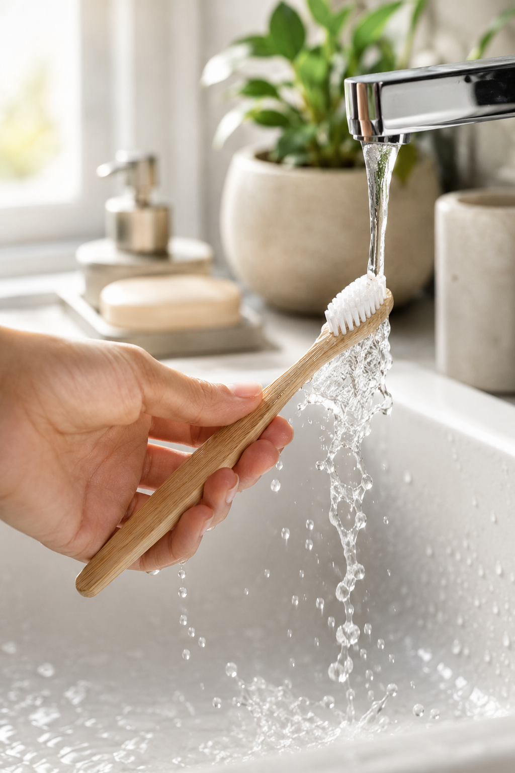 Hand washing a bamboo toothbrush under running water in a sink.