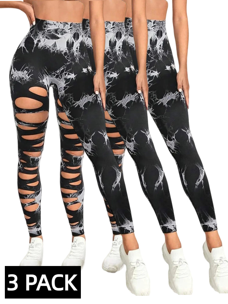 3 PACK Butt Lifting Yoga Gym Athletic Pants, Hollow Out Tummy Control Sports Leggings Tie Dye Running Pants