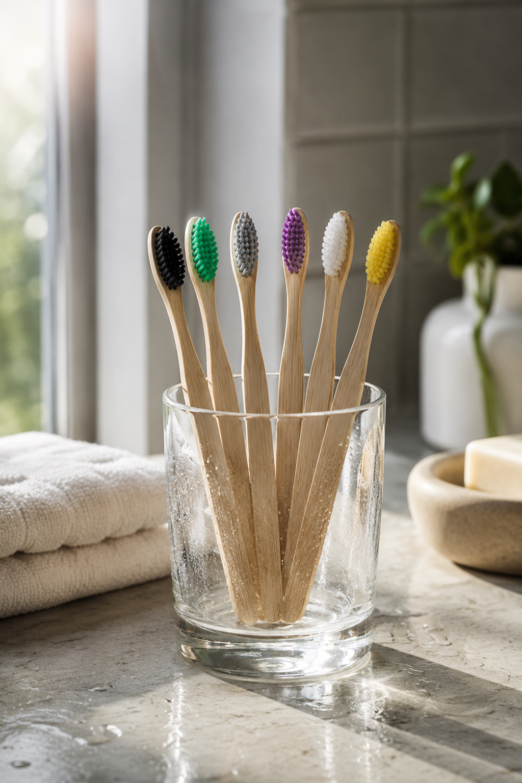 Set of colorful bamboo toothbrushes in a glass on a bathroom counter.