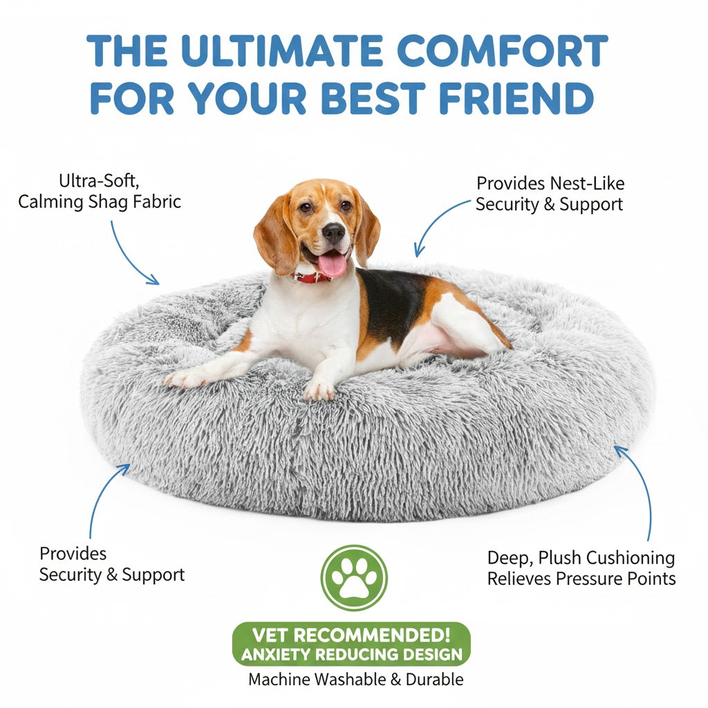 24 Inch Anti-Slip Round Fluffy Plush Faux Fur Cat Bed, Fits Up To 25 Lbs Pets